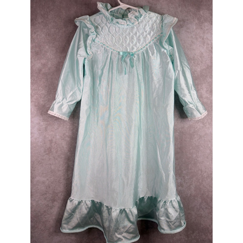 Vintage 80s Bees & Jam Nightgown Girls Size 4 Aqua Blue Lace Ruffle Quilted Bib